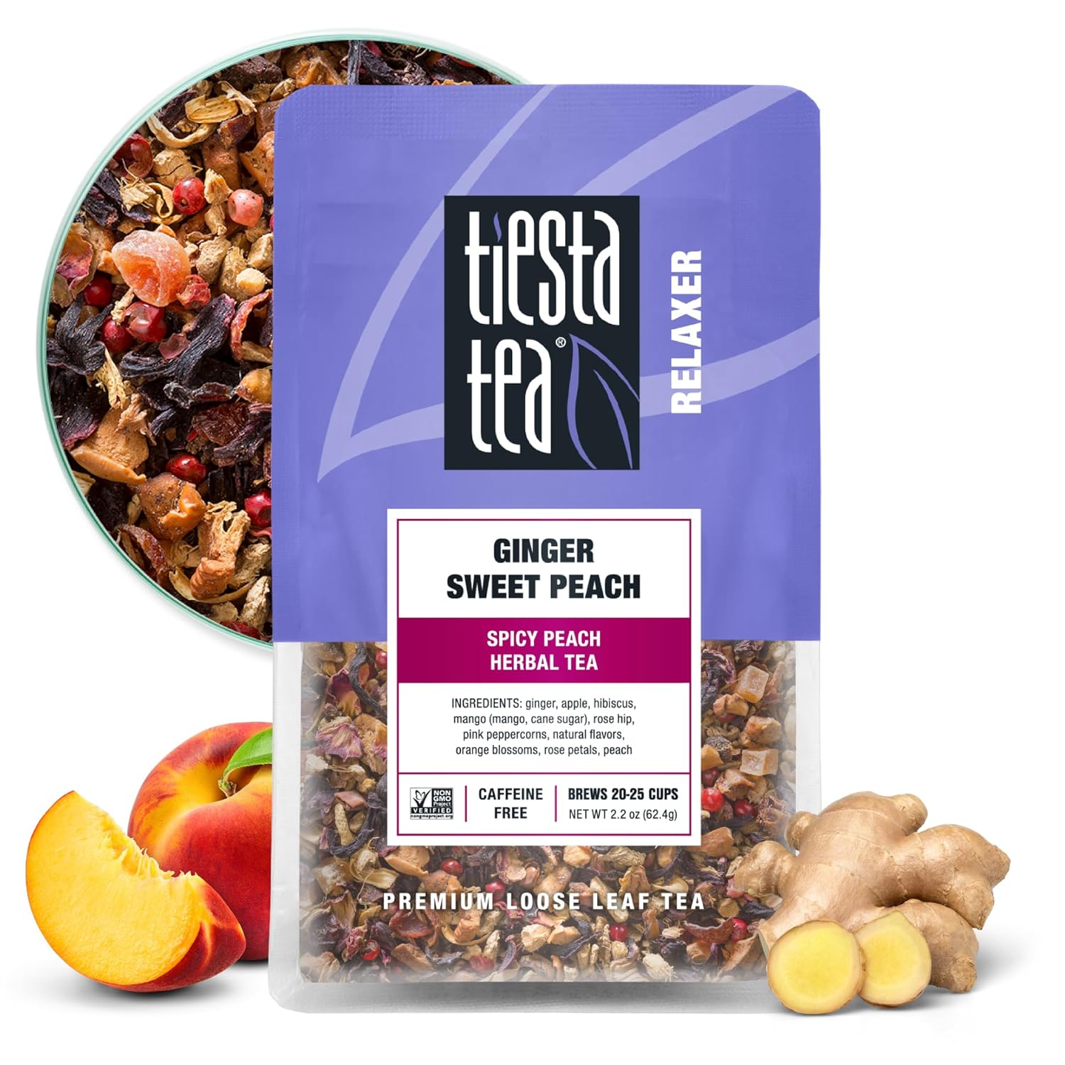 Tiesta Tea - Ginger Sweet Peach | Spicy Peach Herbal Tea | Premium Loose Leaf Tea Blend | Non Caffeinated Herbal Tea | Make Hot Or Iced Tea & Brews Up To 25 Cups - 2.2 Ounce Resealable Pouch