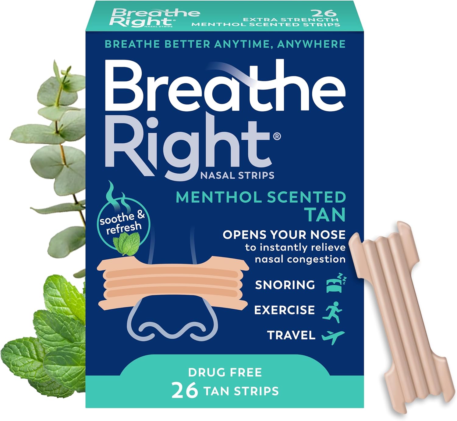 Breathe Right Extra Strength Nasal Strips, Menthol Scented, Drug Free, Less Snoring & Better Breathing From Nasal Congestion, Tan, 26 Count