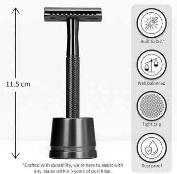 Bambaw Black Metal Safety Razor With Stand | Single Blade Razor For Men & Women | Fits All Blades | Waste-Free Shaving