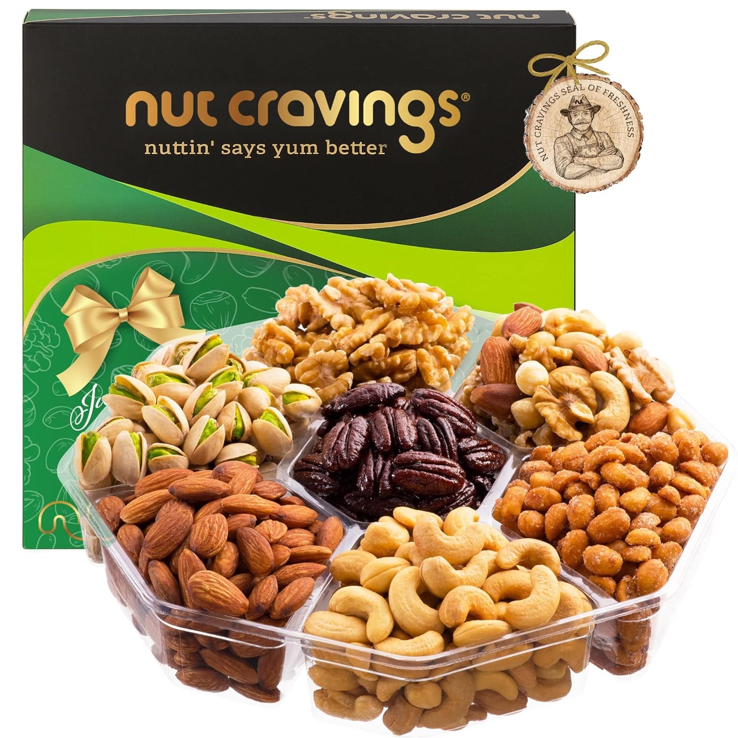 Nut Cravings Gourmet Collection - Mothers Day Mixed Nuts Gift Basket in Green Gold Box (7 Assortments, 2 LB) Arrangement Platter, Birthday Care Package - Healthy Kosher USA Made