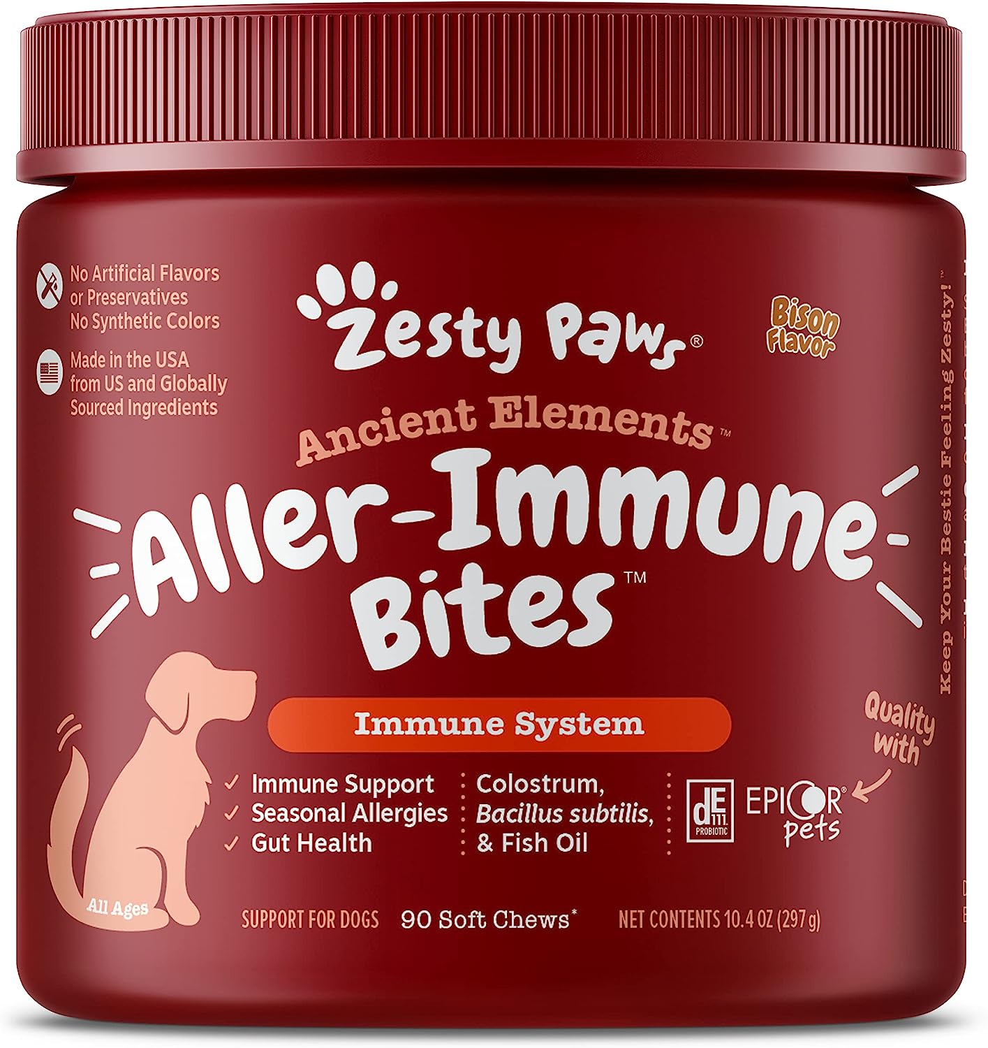 Zesty Paws Dog Allergy Relief - Anti Itch Supplement - Omega 3 Probiotics for Dogs - Digestive Health - Soft Chews for Skin & Seasonal Allergies - with Epicor Pets - Bison - 90ct