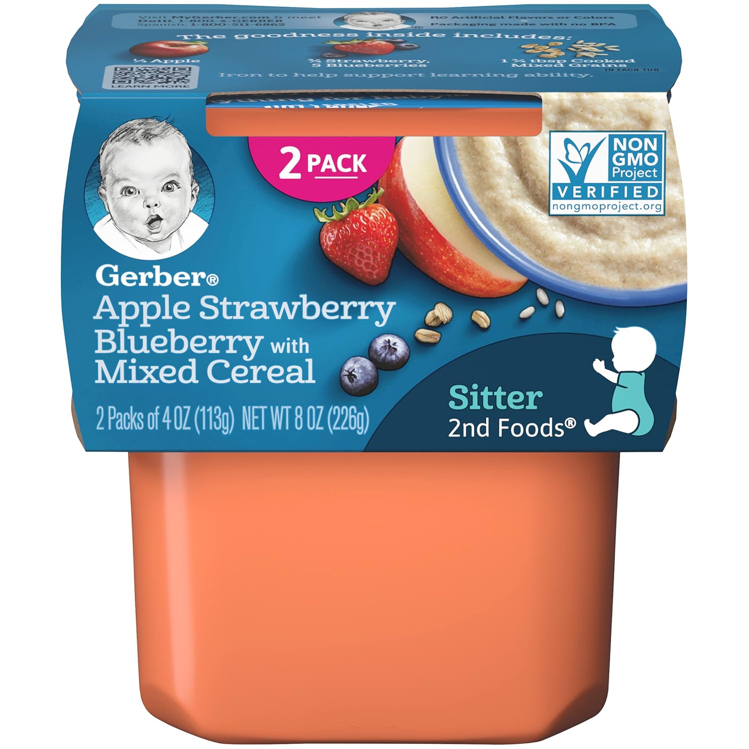 Gerber 2Nd Foods Baby Food, Apple Strawberry Blueberry With Mixed Cereal, 4 Oz Tubs (2 Pack)