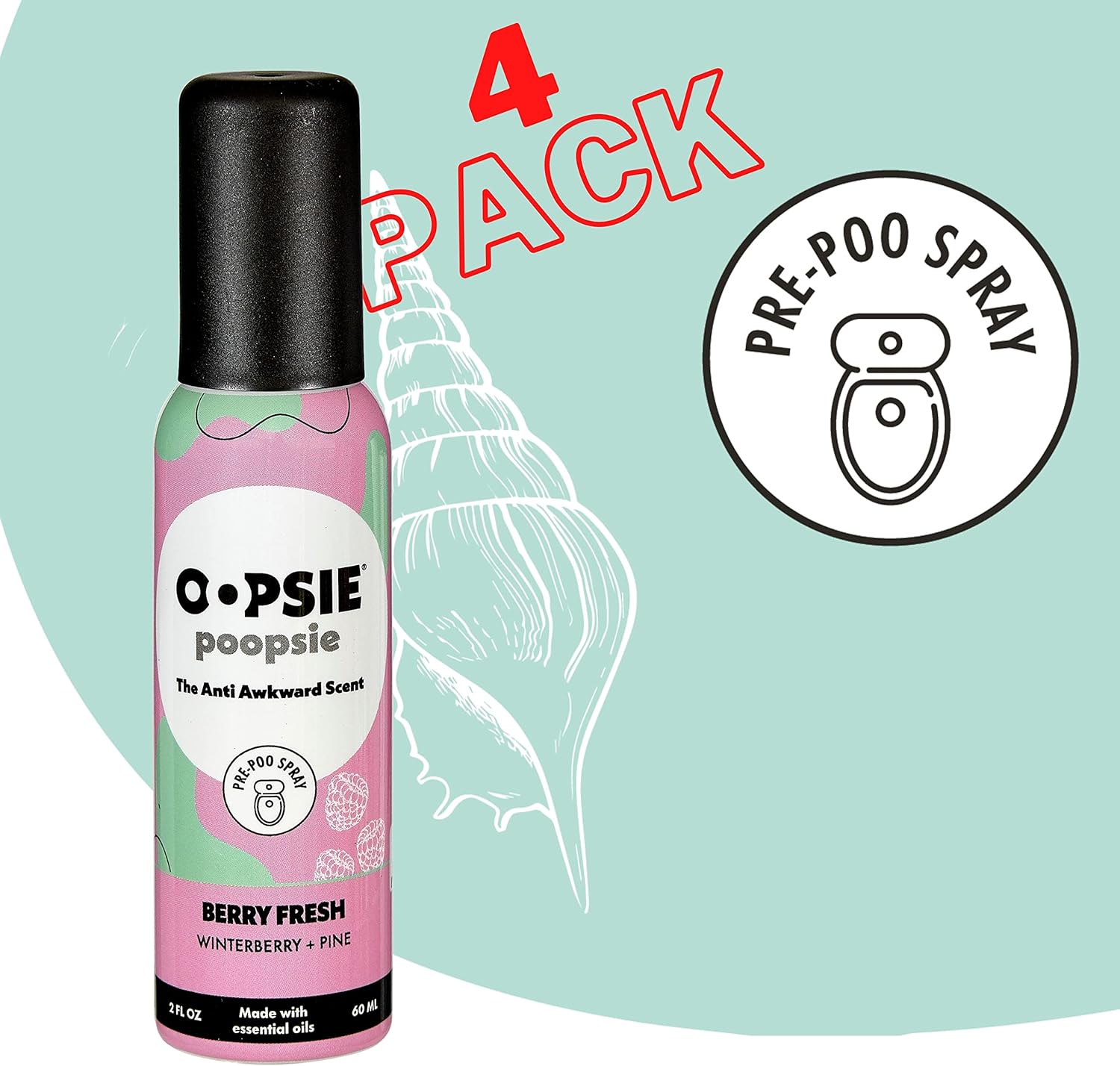 Oopsie Poopsie Pre Poop Spray - 4 Pack Natural Pre Poo Toilet Spray for Bathrooms, Trap Odors & Eliminate Embarrassment, 2oz Travel Size Pre Poo Air Freshener Spray (Berry Fresh) : Health & Household