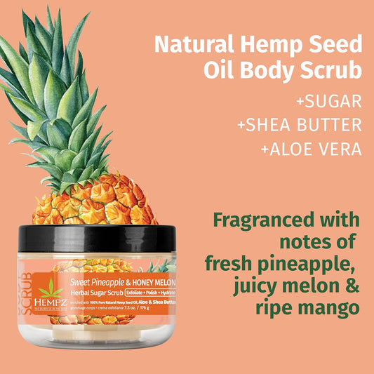 Hempz Sugar Body Scrub All Natural Exfoliating Shea Butter, Sugar, And Salt - For Women, Men, And Teens, 7.3 Fl Oz (Pineapple & Honey Melon)