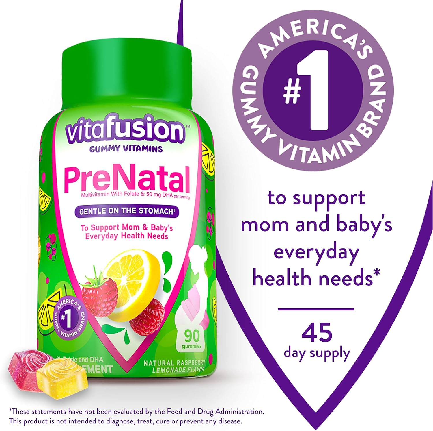 vitafusion PreNatal Gummy Vitamins, Raspberry Lemonade avored, Pregnancy Vitamins for Women, With Folate and DHA, America’s Number 1 Gummy Vitamin Brand, 45 Day Supply, 90 Count