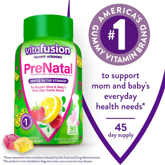 vitafusion PreNatal Gummy Vitamins, Raspberry Lemonade avored, Pregnancy Vitamins for Women, With Folate and DHA, America’s Number 1 Gummy Vitamin Brand, 45 Day Supply, 90 Count