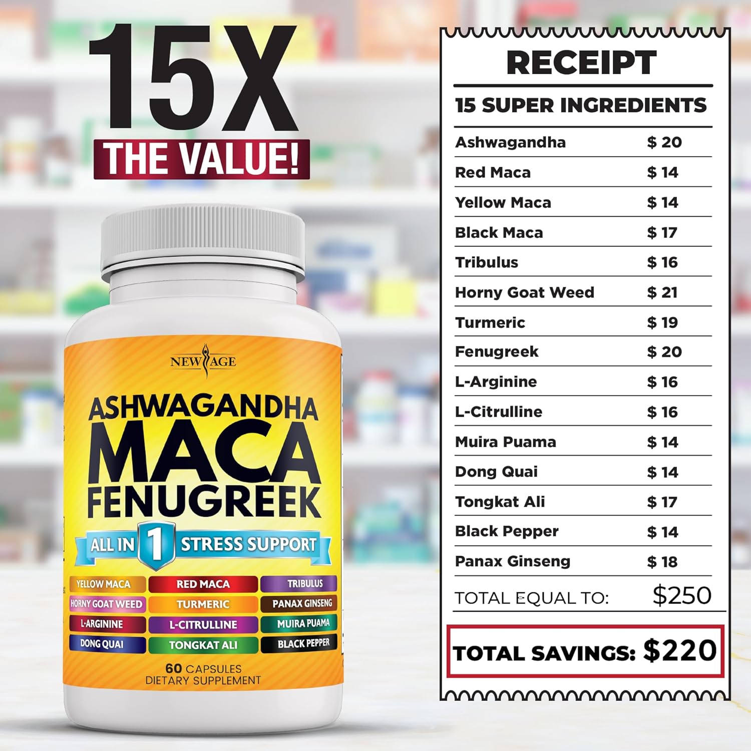 NEW AGE Ashwagandha 5000mg Maca Root 5000mg Fenugreek 3000mg Supplement with Tongkat Ali Ginseng - Assists with Overal Mood - Made in USA - 120 Count : Health & Household