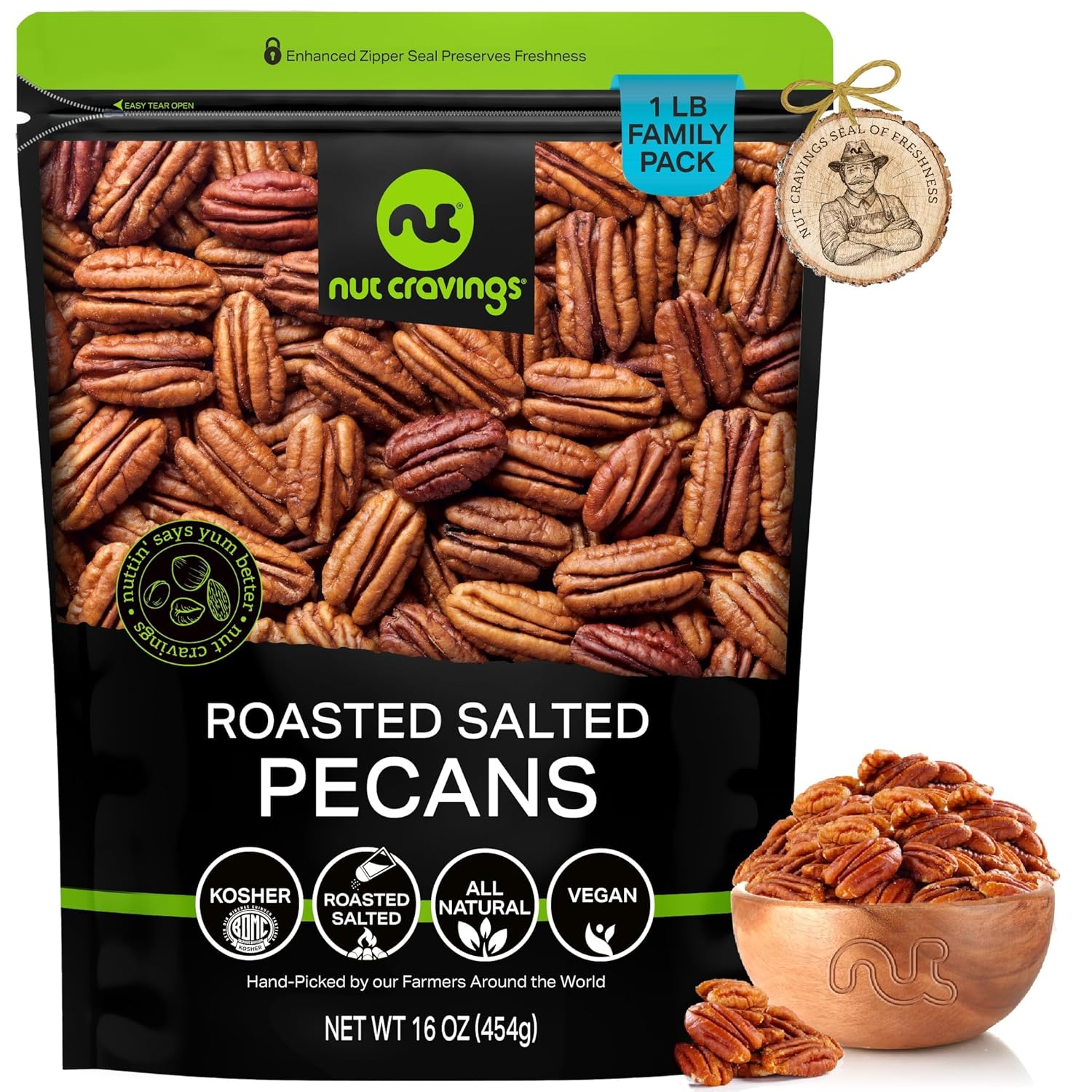 Nut Cravings - Pecans Halves, Roasted & Salted, No Shell (16Oz - 1 Lb) Bulk Nuts Packed Fresh In Resealable Bag - Healthy Protein Food Snack, All Natural, Keto Friendly, Vegan, Kosher