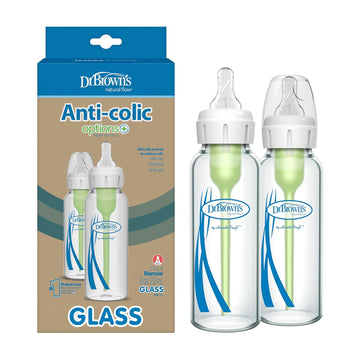 Dr. Brown'S Natural Flow Anti-Colic Options+ Narrow Glass Baby Bottle 8 Oz/250 Ml, With Level 1 Slow Flow Nipple, 2 Pack, 0M+
