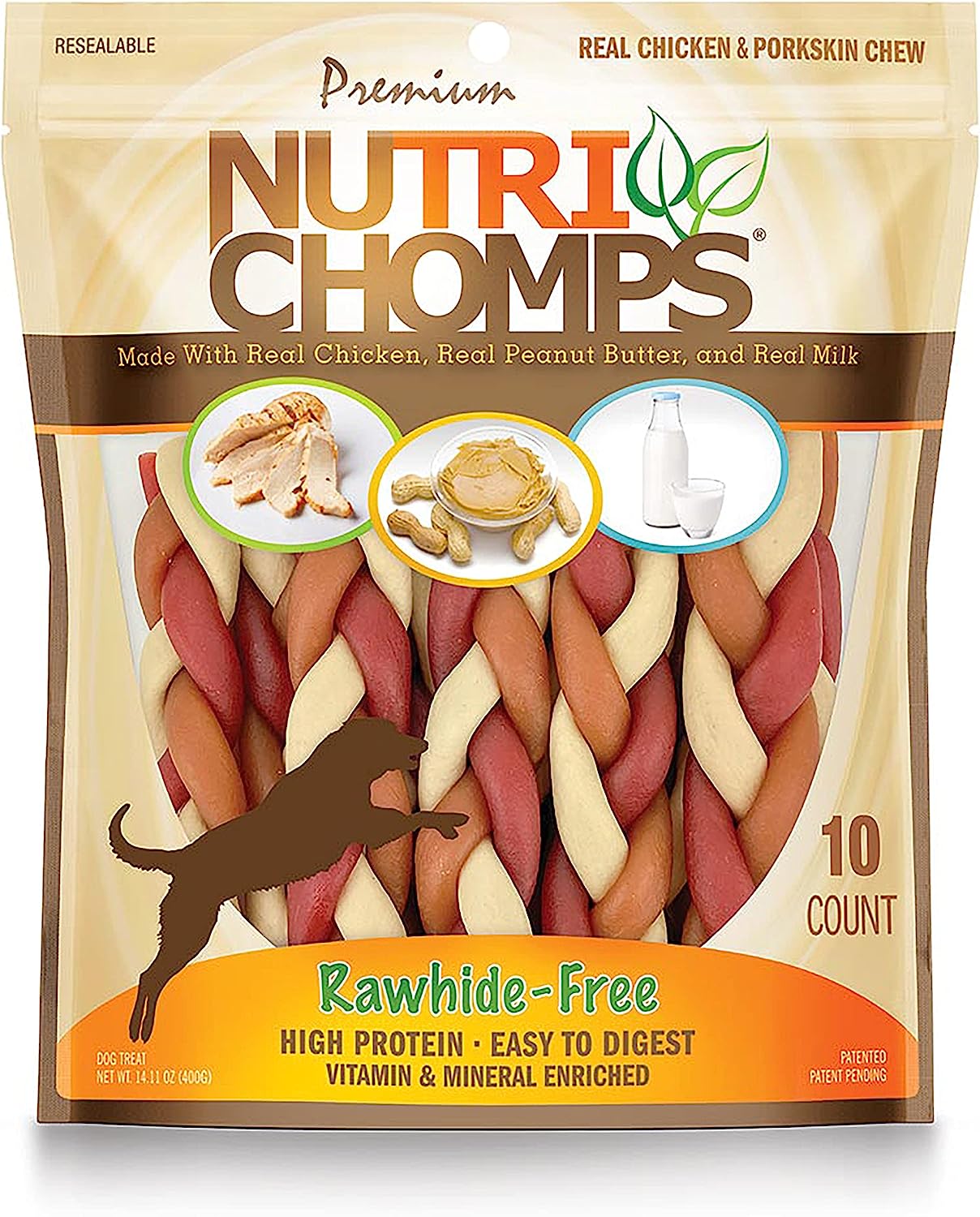 NutriChomps Dog Chews, 6-inch Braids, Easy to Digest, Rawhide-Free Dog Treats, Healthy, 10 Count, Real Chicken, Peanut Butter and Milk flavors