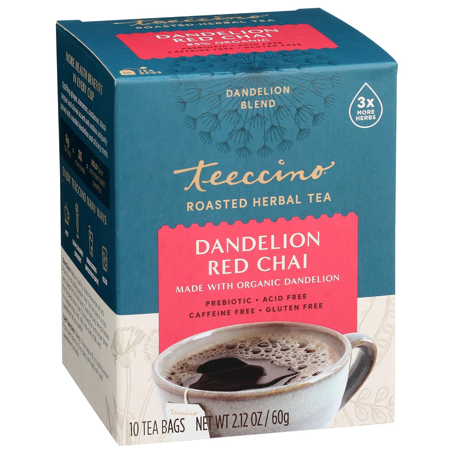 Teeccino Dandelion Red Chai Tea - Caffeine-Free, Roasted Herbal Tea With Prebiotics, 3X More Herbs Than Regular Tea Bags, Gluten Free - 10 Tea Bags