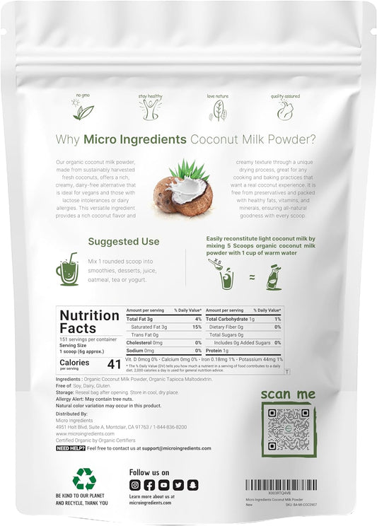 Micro Ingredients Organic Coconut Milk Powder, 2 Pound (32 Ounce), Plant-Based Creamer, Perfect For Coffee, Tea And Smoothie, Non-Gmo And Keto Friendly