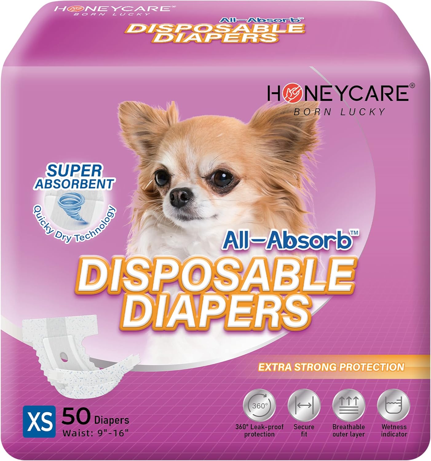 Honey Care All-Absorb Disposable Female Dog Diapers Extra Small Size, Improved, 50 Count, Super Absorbent, Breathable, Wetness Indicator