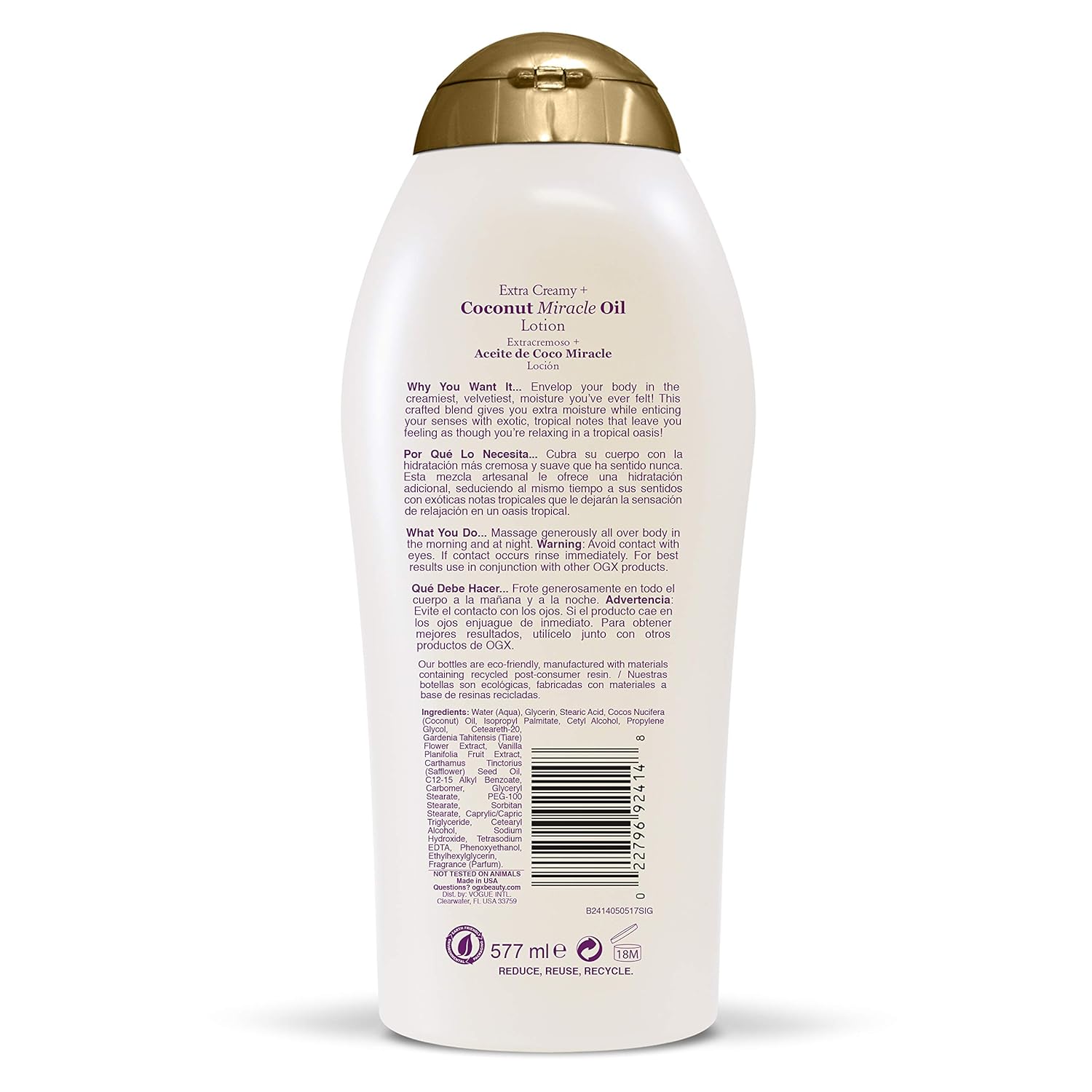 OGX Extra Creamy + Coconut Miracle Oil Ultra Moisture Body Lotion with Vanilla Bean, Fast-Absorbing Lotion for All Skin Types, Paraben-Free and Sulfated-Surfactants Free, 19.5 fl oz : Beauty & Personal Care