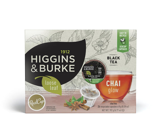 Higgins & Burke Chai Glow, Loose Leaf, Black Tea, Keurig K-Cup Brewer Compatible Pods, 24 Count