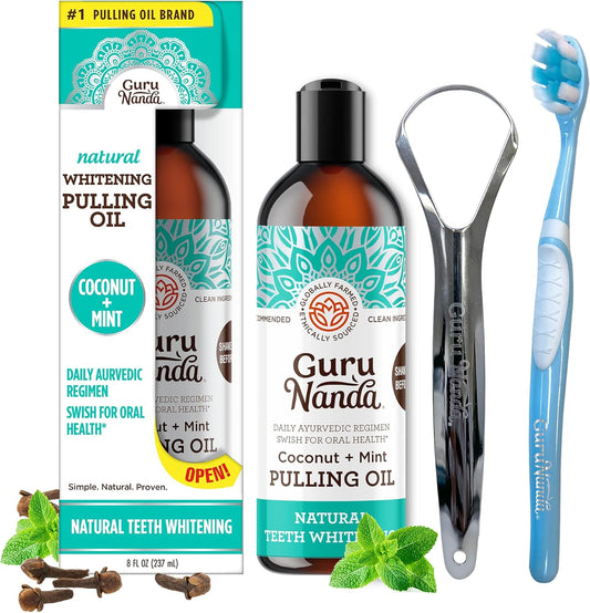 Gurunanda Oil Pulling With Coconut Oil & 7 Essential Oils (8 Fl. Oz), Original Oil Pulling (8.45 Fl.Oz) & Advanced Formula Oil Pulling (8Fl.Oz)- Ayurvedic Blend For Healthy Teeth & Gums