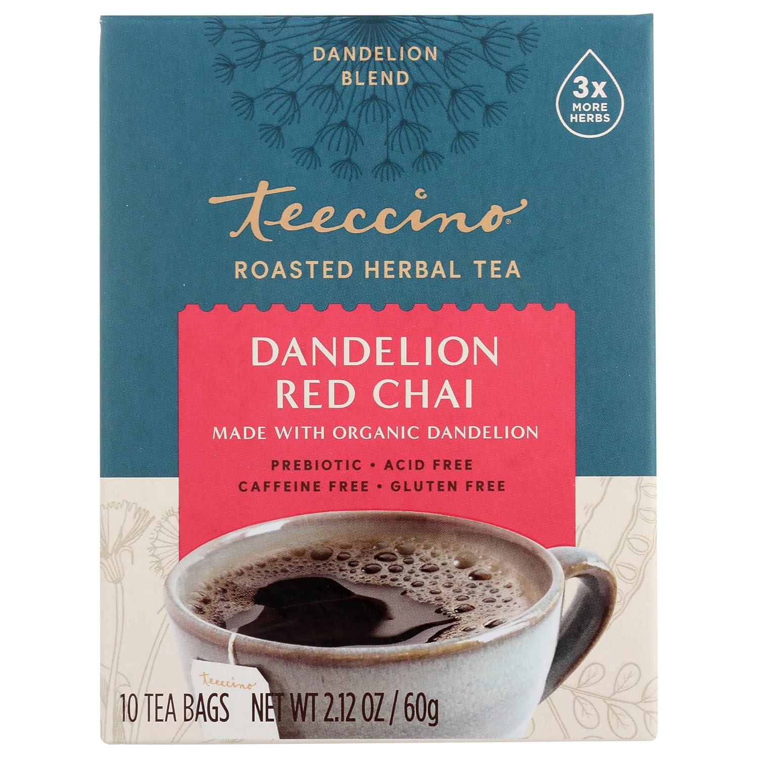 Teeccino Dandelion Red Chai Tea - Caffeine-Free, Roasted Herbal Tea With Prebiotics, 3X More Herbs Than Regular Tea Bags, Gluten Free - 10 Tea Bags