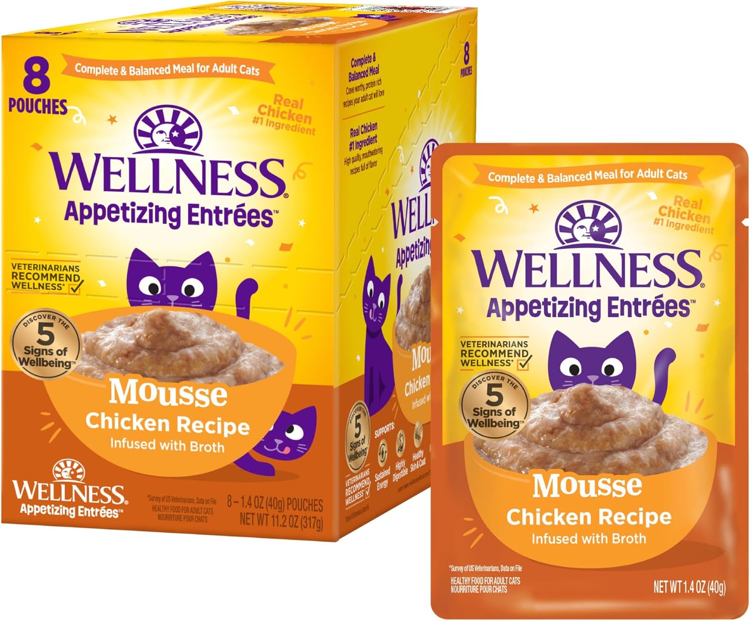 Wellness® Appetizing Entrées™ Mousse Chicken Recipe Infused With Broth Natural Wet Cat Food, 1.4 Oz Pouch (Pack Of 8)