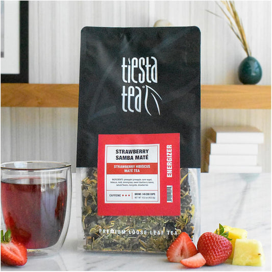 Tiesta Tea - Strawberry Samba Mate - Strawberry Hibiscus Mate Tea - Loose Leaf Tea Blend - High Caffeinated Fruit Tea - Make Hot Or Iced Tea Up To 200 Cups - 16 Oz Resealable Bulk Bag