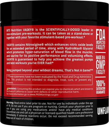 Mts Nutrition Vasky Non-Stimulant Pump Inducer - Muscle Saturating Preworkout - 30 Servings Unflavored