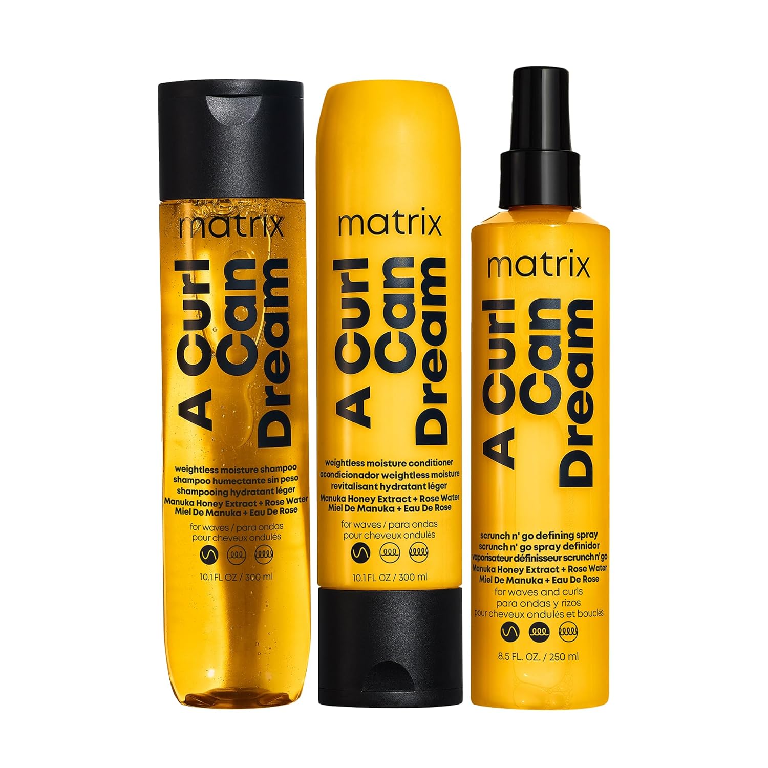 Matrix A Curl Can Dream Weightless Moisture Shampoo, Conditioner And Spray Set | For Wavy Hair | All Day Frizz Control | With Manuka Honey Extract And Rose Water | Silicone Free | Luxury