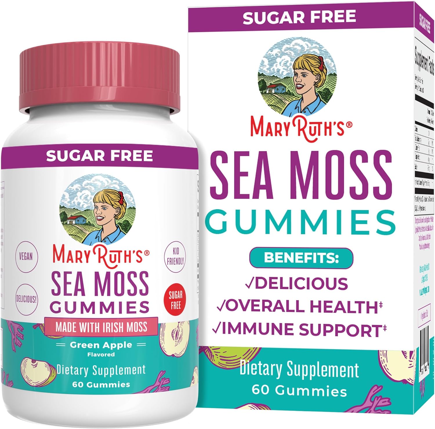 MaryRuth Organics Gummies Sugar Free Made with Irish Sea Moss for Gut Health and Immune Support Formulated for Adults and Kids Ages 4+ Vegan Non-GMO Gluten Free | 60 Count