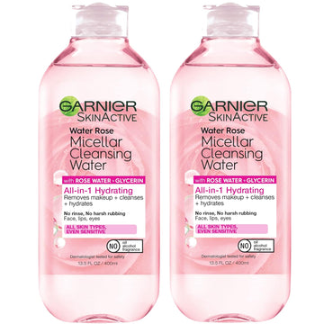 Garnier Micellar Water With Rose Water And Glycerin, Hydrating Facial Cleanser & Makeup Remover, For All Skin Types, Vegan, Cruelty Free, 13.5 Fl Oz (400Ml), 2 Count