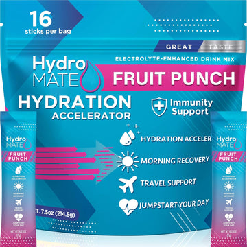 Natureworks Hydromate Electrolytes Powder Packets Fruit Punch Low Sugar Hydration Accelerator Hydration Stick Packs Party Favors For Rapid Relief And Recovery 16 Sticks