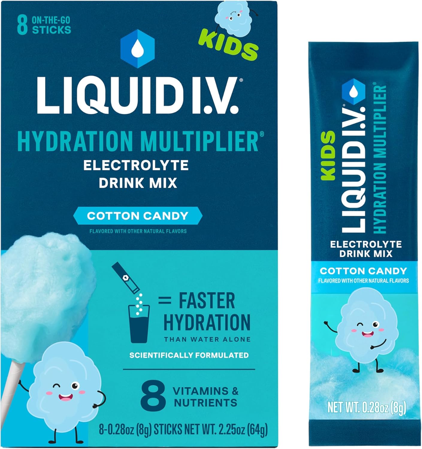 Liquid I.V.® Hydration Multiplier® +Kids - Cotton Candy - Hydration Powder Packets | Electrolyte Powder Drink Mix | Convenient Single-Serving Sticks | Non-Gmo | 8 Servings (Pack Of 2)