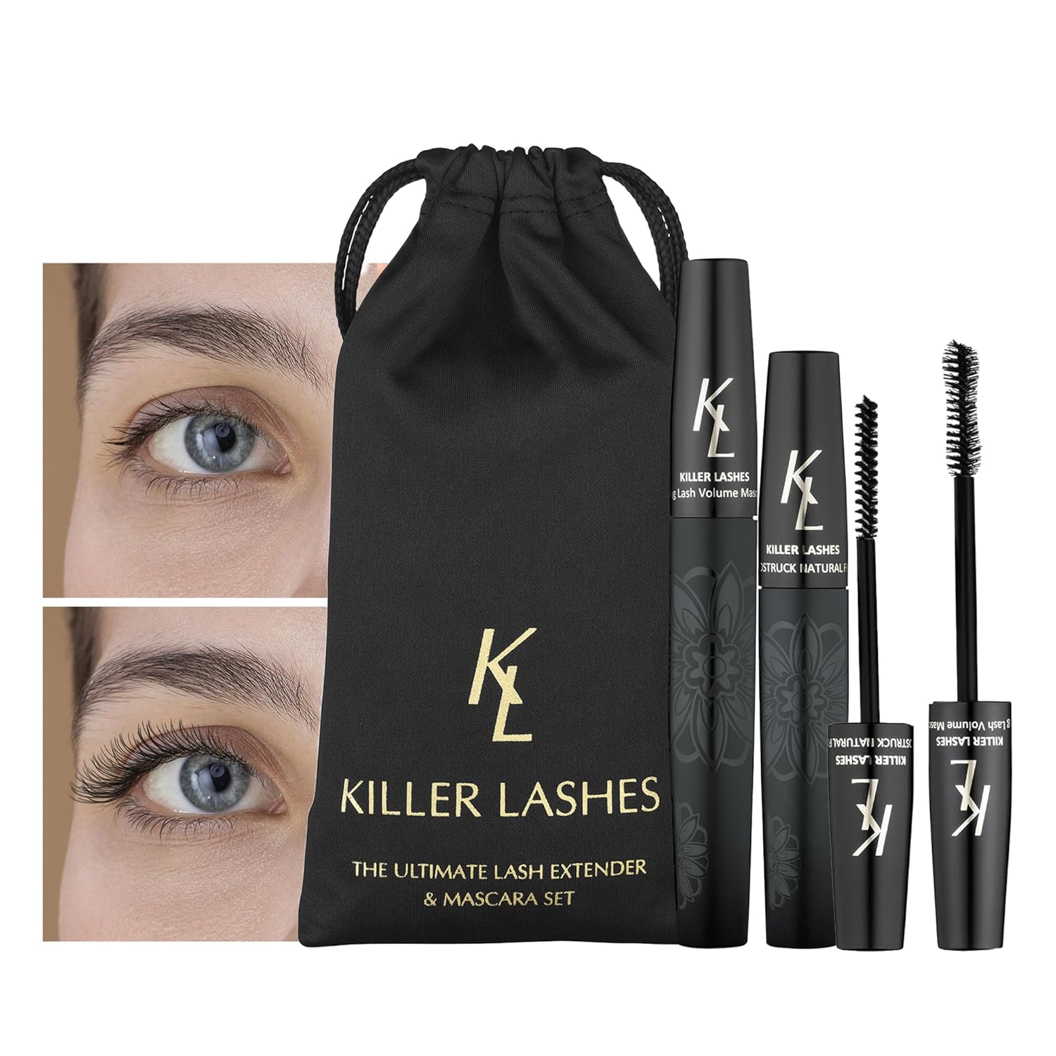 Kl Killer Lashes Mascara Black & Ultimate Fiber Lash Extender Set - Waterproof Mascara For Volume And Length | Lengthening & Volumizing Mascara & Lash Extension Beauty Set, 1 Count (120 Days Supply)