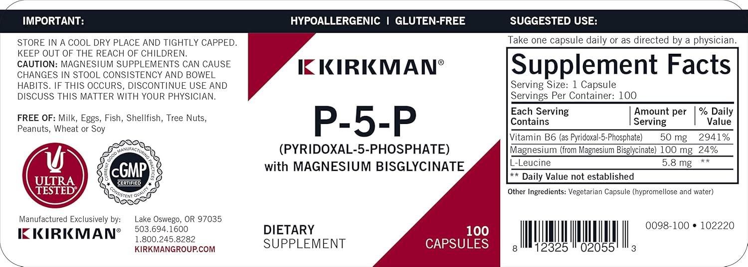 Kirkman – P-5-P (Pyridoxal 5-Phosphate, Vitamin B-6 Metabolite) with Magnesium Bisglycinate - Hypoallergenic : Health & Household