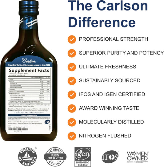 Carlson - The Very Finest Fish Oil, Special Edition, 1600 Mg Omega-3S, Liquid Supplement, Norwegian Fish Oil, Wild-Caught, Sustainably Sourced Liquid, Lemon, 500 Ml (16.9 Fl Oz)