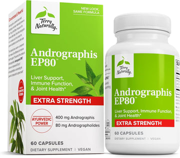 Terry Naturally Andrographis Ep80 Extra Strength - Brain Health & Immune Support - Joint Health Supplement To Aid Mobility - Vegan Adaptogen Supplement For Energy & Liver Support - 60 Capsules