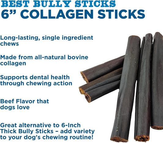 Best Bully Sticks Natural Collagen Chews For Dogs - 6" Collagen Dog Chews Long Lasting Rawhide Free Dog Treats, Beef Collagen Sticks For Dogs 5 Pack