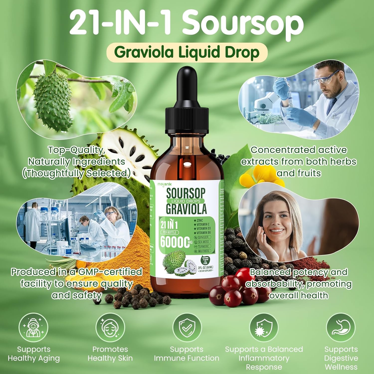 21-In-1 Soursop Graviola Liquid Drop, Soursop Bitters Liquid 2000Mg Organic Soursop Leaves & Fruit With 300Mg Sea Moss, Zinc, Vitamins For Cellular, Immune, Skin, Digestive, Natural Flavor, 60Ml : Health & Household