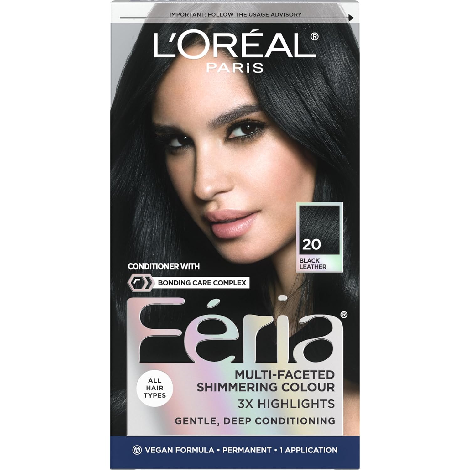 L'Oreal Paris Feria Multi-Faceted Shimmering Permanent Hair Color, 20 Black Leather (Natural Black), Pack Of 1, Hair Dye