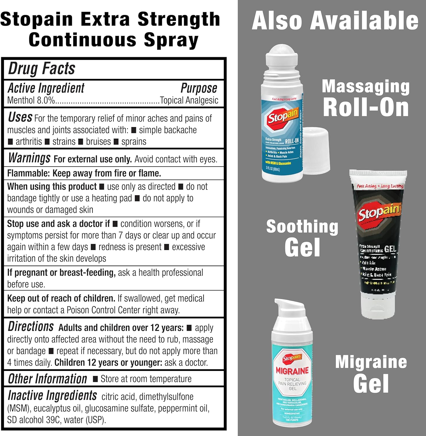 Stopain Pain Relief Spray 4oz (2 Pack) USA Made, Max Strength Fast Acting with MSM, Glucosamine, Menthol for Arthritis, Lower Back, Neck, HSA FSA Approved Topical Analgesic Products : Health & Household