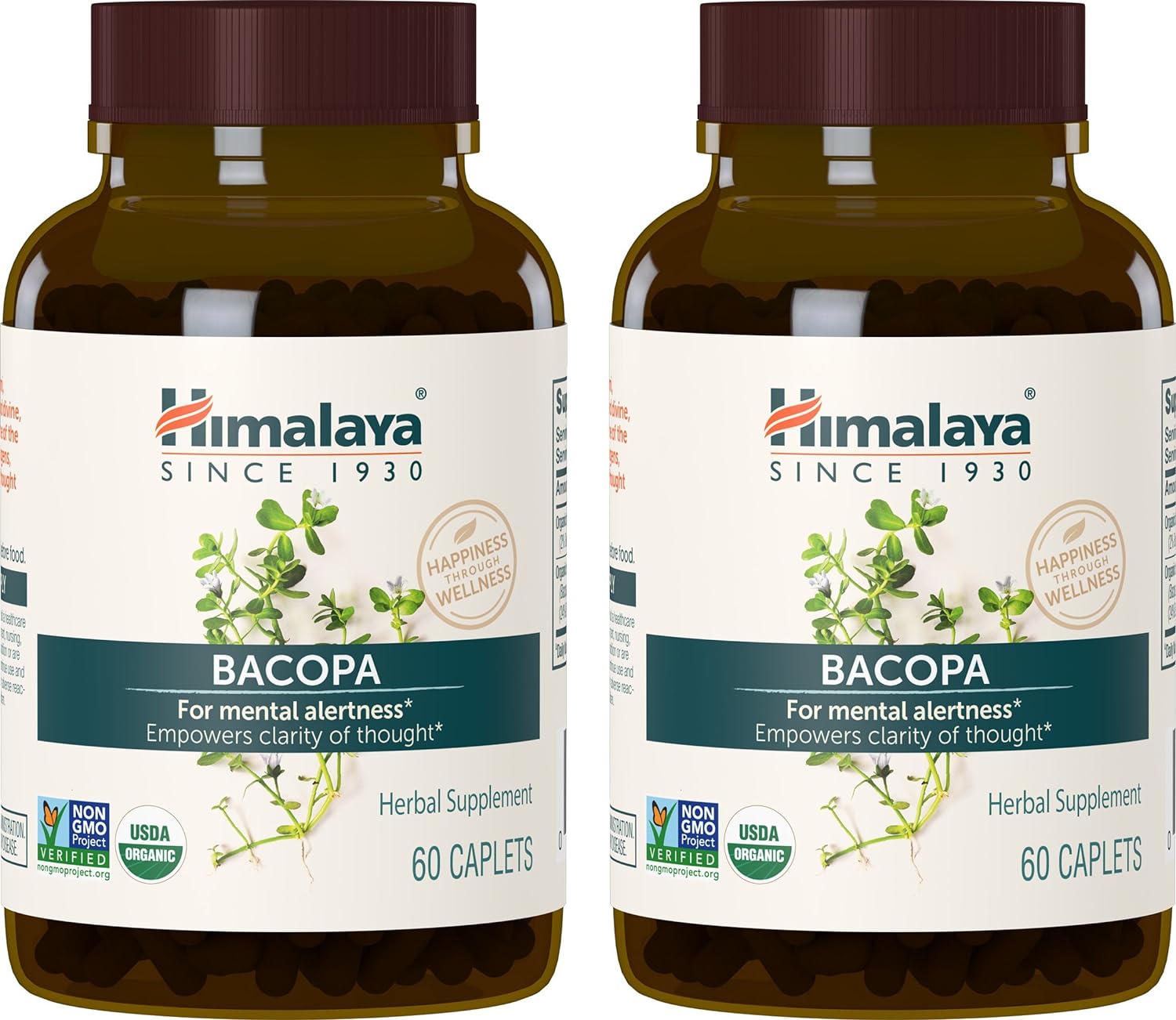 Himalaya Organic Bacopa Monnieri Nootropic Herbal Supplement, Mental Alertness, Supports Calm, Memory, Cognition, Usda Organic, Non-Gmo, 750 Mg, 60 Plant-Based Caplets, 2 Pack, 120 Day Supply