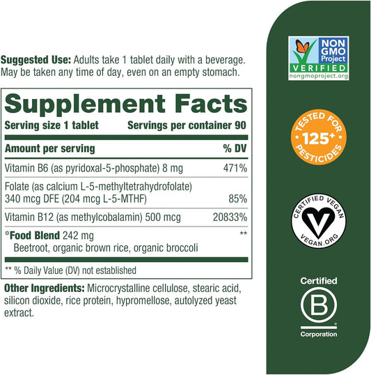 MegaFood Methyl B12 - Vegan - Includes Methyl Folate, Vitamin B12 & B6 - Supports Cellular Energy Production, Nervous System Health & Cardiovascular Function - 90 Tablets