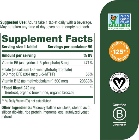 Megafood Methyl B12 - Vegan - Includes Methyl Folate, Vitamin B12 & B6 - Supports Cellular Energy Production, Nervous System Health & Cardiovascular Function - 90 Tablets