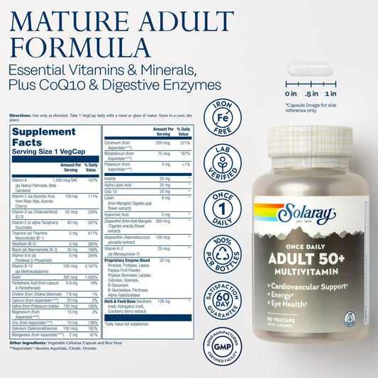 Solaray Once Daily Adult 50+ Multivitamin Healthy Energy, Heart & Immune Support For Mature Adults 90 Ct