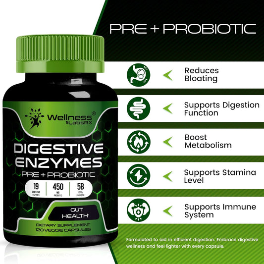 Digestive Enzymes With Probiotics And Prebiotics, 450Mg, 5 Billion Cfus - Pure Super Digestion Capsules - Digestive Enzymes For Women & Men Support Digestion & Gut Health - 120 Count