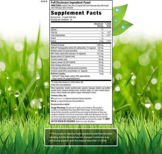 Irwin Naturals Extra Strength Ashwagandha - 60 Liquid Soft-Gels - Helps Boost Physical & Mental Performance - With Tumeric & Milk Thistle - 60 Servings