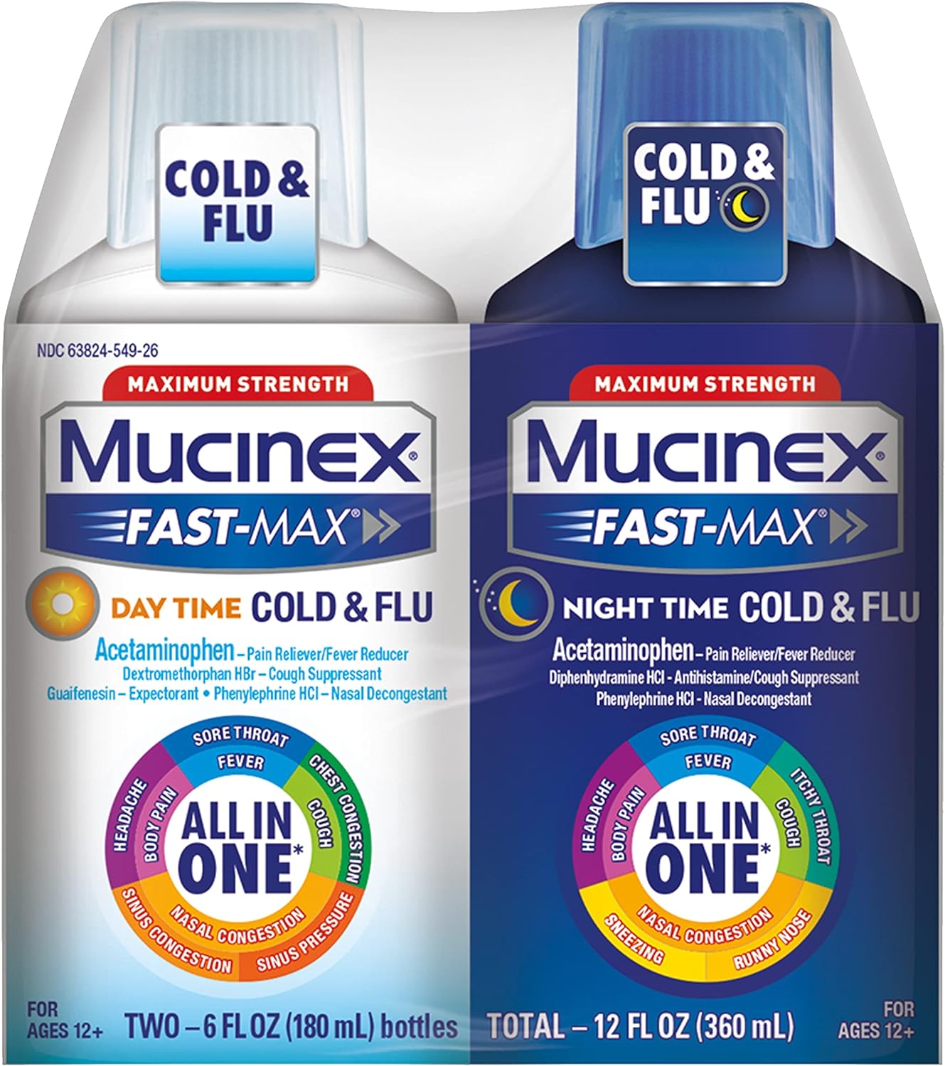 Mucinex Fast-Max Day Time Cold & Flu and Night Time Cold & Flu Liquid Medicine, 12 fl oz, Maximum Strength All in One Multi Symptom Relief for Congestion, Sore Throat, Headache,Cough and Reduces Fever