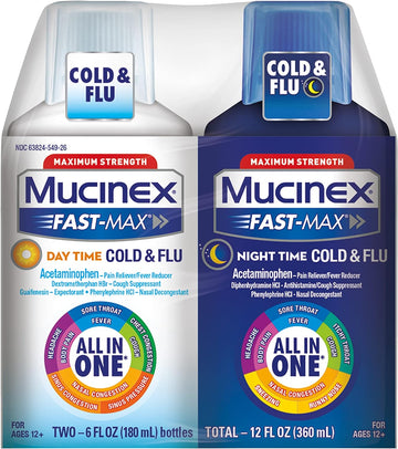 Mucinex Fast-Max Day Time Cold & Flu and Night Time Cold & Flu Liquid Medicine, 12 fl oz, Maximum Strength All in One Multi Symptom Relief for Congestion, Sore Throat, Headache,Cough and Reduces Fever