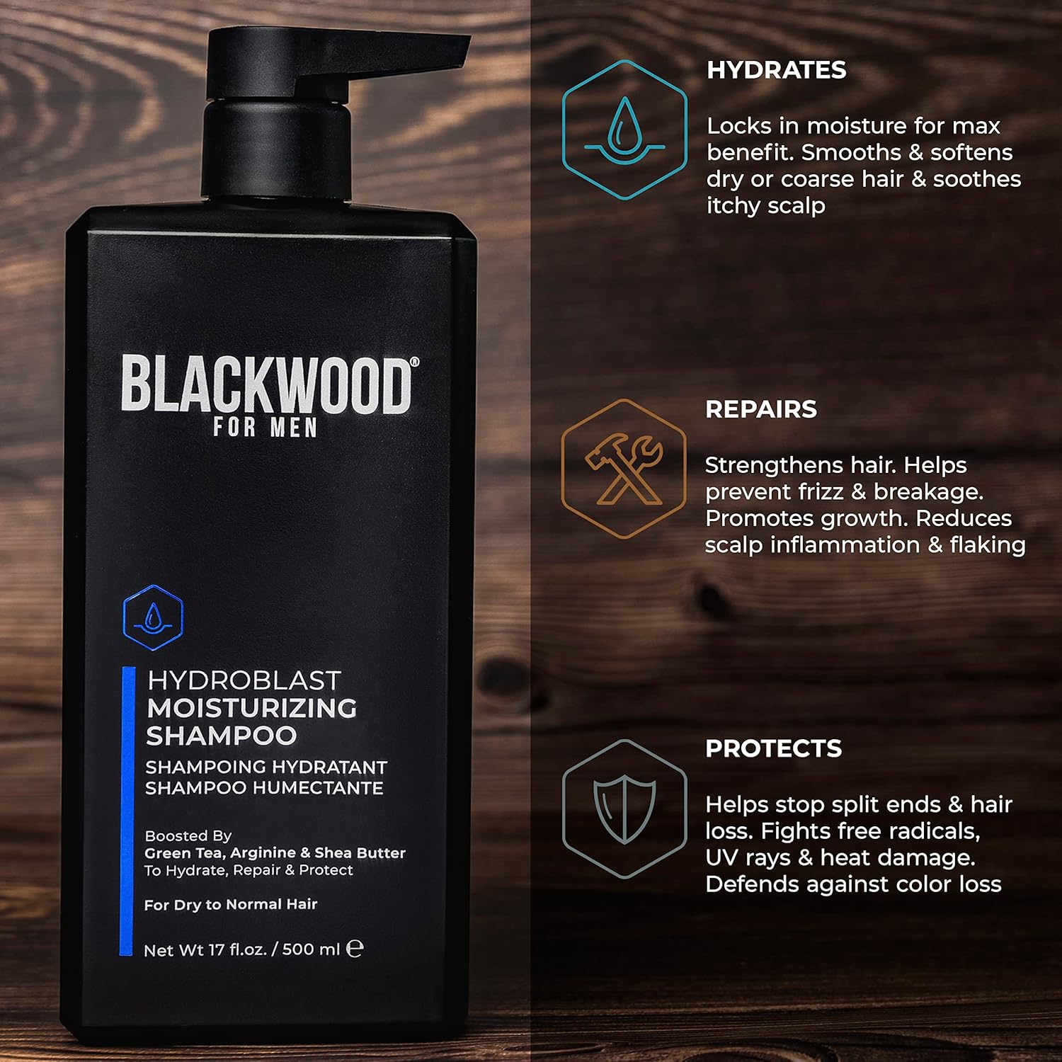 Blackwood For Men Hydroblast Moisturizing Shampoo - Men's Shampoo for Coarse, Dry, & Curly Hair - Infused with Ginseng & Ginger- Natural Vegan Formula -Sulfate Free, Paraben Free & Cruelty Free(17 Oz) : Beauty & Personal Care