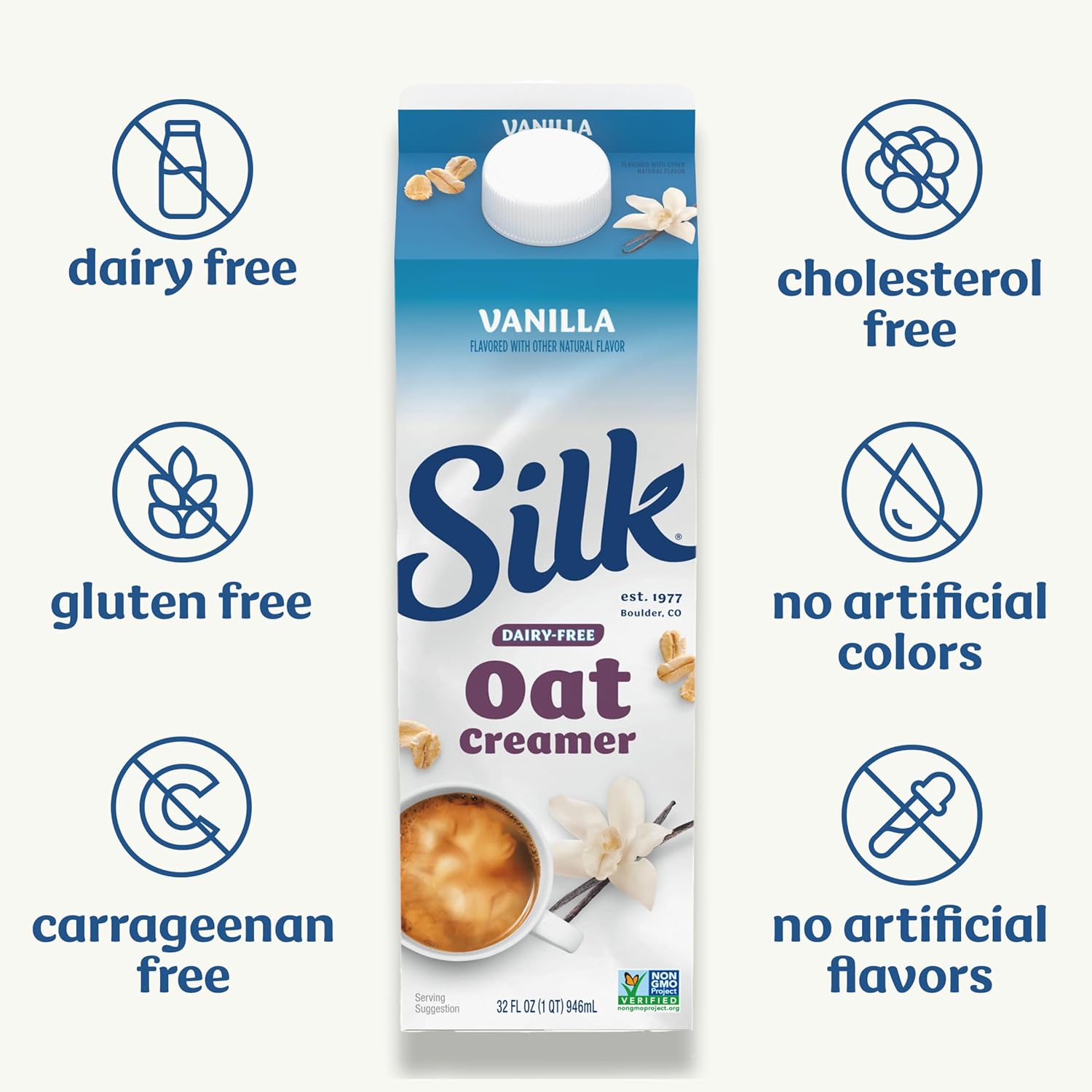 Silk Oat Creamer, Vanilla, Smooth, Lusciously Creamy Dairy Free And Gluten Free Creamer From The #1 Brand Of Plant Based Creamers, 32 Fl Oz Carton