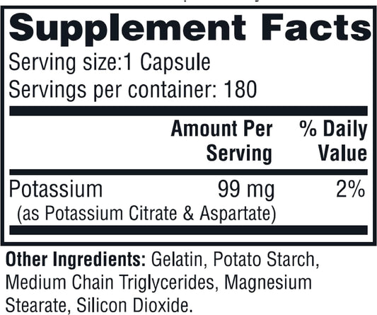 Twinlab Potassium Caps - Electrolyte Supplement For Muscle, Heart & Tissue Health - 180 Capsules, 99 Mg