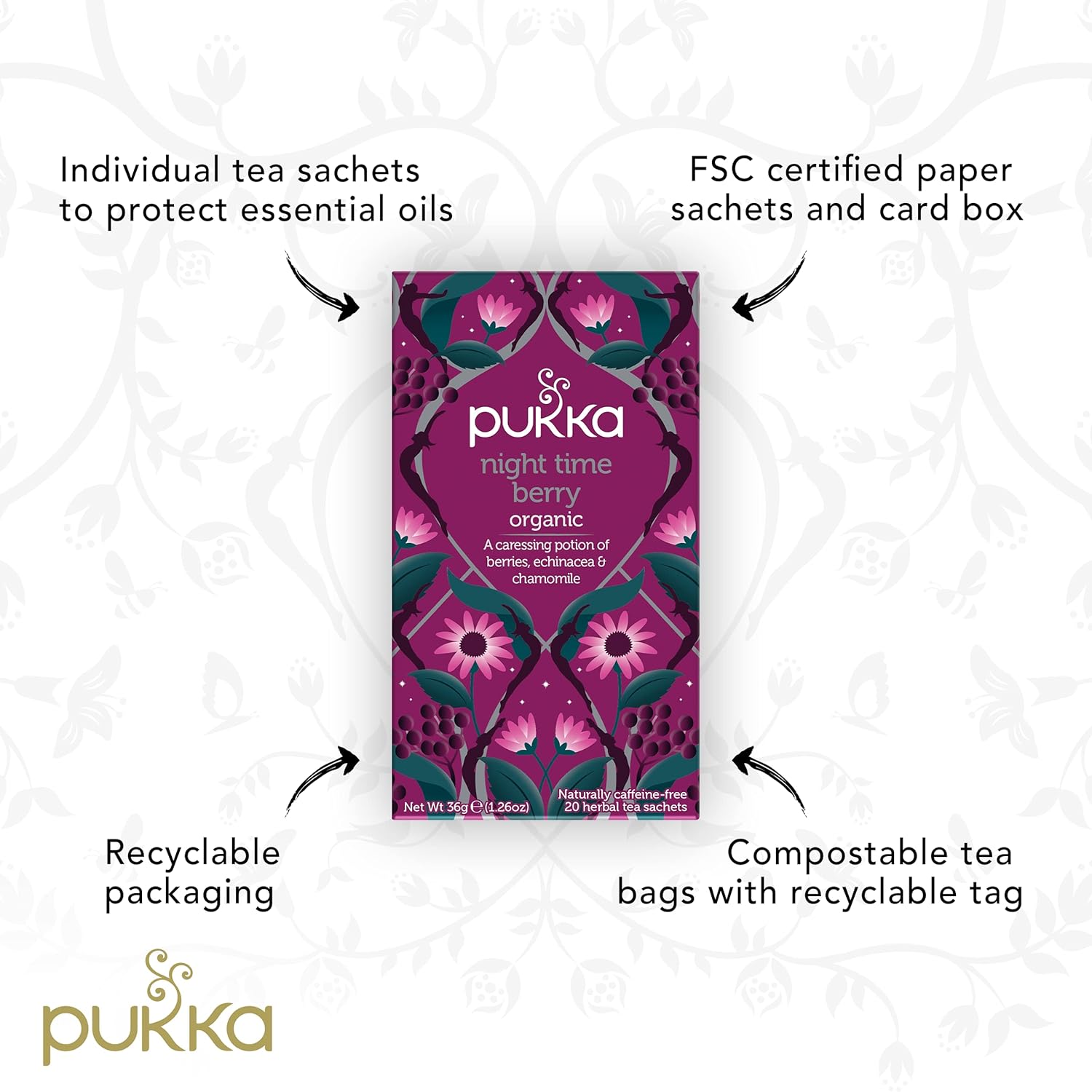 Pukka Organic Tea Bags, Night Time Berry Herbal Tea with Chamomile, Echinacea, and Elderberry, Perfect for Overnight Wellness, 20 Count (Pack of 3), 60 Tea Bags : Health & Household