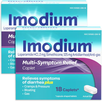 Imodium Multi-Symptom Relief Caplets With Loperamide Hydrochloride And Simethicone, Anti-Diarrheal Medicine For Treatment Of Diarrhea, Gas, Bloating, Cramps & Pressure, Twin Pack, 2 X 18 Ct